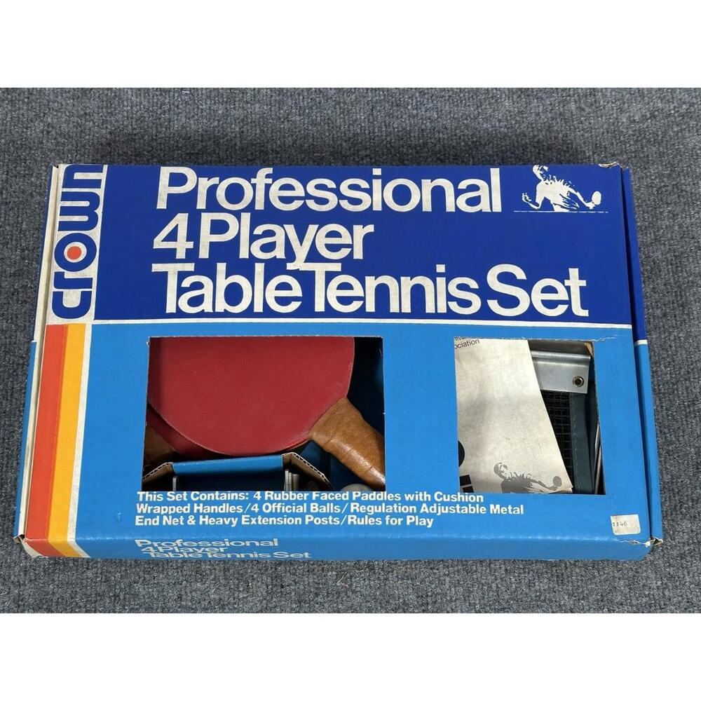 Vintage 1980s Crown Professional 4 Player  Table‎ Tennis Set Ping Pong In Box